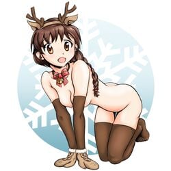 animal_costume animal_ears antlers ass bell bell_collar blush braid breasts brown_eyes brown_hair brown_legwear butt_crack christmas collar female girls_und_panzer gloves looking_at_viewer medium_breasts naked_stockings nipples nude open_mouth ponytail reindeer_antlers reindeer_costume reindeer_ears rukuriri simple_background smile snowflake_background snowflakes solo tail thighhighs underwear white_background