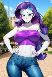 1girls ai_generated big_breasts breasts city city_background cityscape cleavage contrapposto day daytime equestria_girls erect_nipples female female_only friendship_is_magic hair_ornament hands_on_hips hasbro jeans large_breasts looking_at_viewer my_little_pony nai_diffusion nail_polish navel nipple_bulge novelai outdoors purple_nail_polish purple_nails rarity_(eg) rarity_(mlp) smile smiling solo solo_female stable_diffusion tube_top