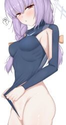 1girl ? absurdres armpit_cutout atsuko_(blue_archive) bar_censor blue_archive blue_halo braid breasts cameltoe censored clothes_pull clothing_cutout commentary_request frontal_wedgie halo highleg highleg_leotard highres leotard leotard_pull looking_at_viewer low_twin_braids purple_hair purple_leotard self_wedgie sk_(sk1202) solo spoken_question_mark twin_braids wedgie white_halo