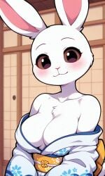 ai ai-created ai_art ai_generated anthro bare_shoulders beastars blush breasts censored covered_nipples cute haru_(beastars) kimono kimono_down kimono_partially_removed looking_at_viewer original partially_undressed pixai rabbit sexy sexy_female showing_breasts tagme white_body white_fur