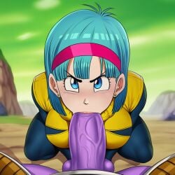 1boy 1girls ai_generated alien annoyed big_breasts big_penis blowjob blue_hair boobs breasts bulma_briefs bulma_briefs_(frieza_saga) captain_ginyu dragon_ball dragon_ball_z fellatio female femsub hairband interspecies light-skinned_female light_skin looking_at_partner male male/female maledom malepov oral oral_insertion oral_penetration oral_sex purple_skin squatting sucking sucking_penis veiny_penis