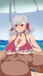 1boy 1girls animated beach bell_collar big_breasts bikini bikini_top boobjob breasts censored female girls'_frontline girls'_frontline_2:_exilium grey_hair land_wharf large_breasts male mosaic_censoring outdoors paizuri penis red_eyes sabrina_(girls'_frontline_2) sound spas-12_(girls'_frontline) tagme tongue tongue_out video