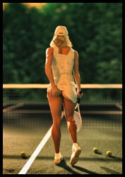 1girls 3d ass big_ass blonde_hair female female_only original solo tagme_(artist) tennis_court tennis_racket tennis_uniform
