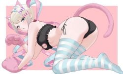 ass ass_focus blush cat_ears cat_girl cat_lingerie cat_tail chouzetsusaikawa_tenshi-chan from_behind inami_(x_spidekawaii_x) looking_back needy_girl_overdose needy_streamer_overload open_mouth paw_gloves paw_pose striped_thighhighs thighs