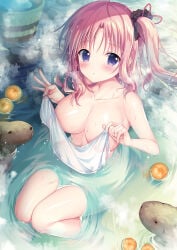 absurdres bangs collarbone female highres in_water izumi_kaori_(twinbox) large_breasts looking_at_viewer medium_hair navel nipples nipples_visible_through_clothing nude onsen original pink_hair purple_eyes see-through shade shirt side_ponytail solo sousouman steam stomach twinbox_school water