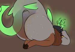 brown_hair deer_girl embarassed green_antlers grey_body grime hat huge_ass hyper_ass pulling_hat shark_girl shark_tail smelly stink_fumes stinky stinky_ass