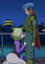 android_18 ass blonde_hair blue_hair blush bottomless breasts clothed_sex cum cum_in_mouth dragon_ball dragon_ball_super fellatio female future_trunks huge_breasts male oral outside padm penis sex smile sword thick_thighs tongue_out trunks_briefs