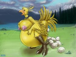 2018 anthro ass avian belly big_belly big_breasts blush blyzzarde breasts chocobo collar comic detailed_background egg egg_laying feathers female final_fantasy forest half-closed_eyes hand_on_breast huge_belly hyper hyper_belly hyper_pregnancy kauko lactation lake nipples nude open_mouth post_transformation pregnant pussy_juice ready_to_pop solo square_enix surprise talons tree video_games