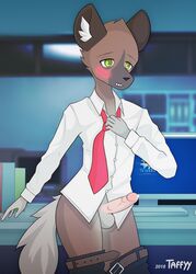 2018 5:7 absurd_res aggressive_retsuko anthro artist_name balls belt black_bottomwear black_clothing black_nose blush bottomless brown_ears brown_fur cel_shading clothed clothing computer cum cum_drip dated detailed_background dress_shirt dripping e621 ear_tuft embarrassed english_text erection eyebrows fangs front_view fur green_eyes green_eyes_male grey_balls grey_fur haida hand_on_chest hi_res humanoid_penis hyena hyena_boy hyena_ears hyena_penis hyena_tail inside leaning male male_only mammal necktie office pants_down partially_clothed penis precum presenting presenting_penis sanrio shaded shirt smooth_fur solo solo_focus standing taffyy teeth text toony tuft unbuttoned uncensored uncensored_penis undressing undressing_self vein veiny_penis white_clothing white_fur white_topwear