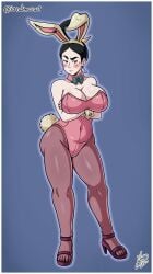 1girl 1girls 2024 arms_crossed black_hair blush bunny_ears bunny_tail bunnysuit cleavage collar dr._vega female_only full_body hair_ornament high_heels hips_wider_than_shoulders iandimas large_breasts leotard mega_man_star_force milf plump_breasts ribbon sexy sole_female standing sweatdrop thick_hips thick_thighs thigh_highs wrist_cuffs