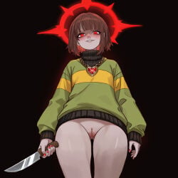 artlongon blush bottomless brown_hair chara chara_(undertale) dark_background demonic evil_smile exposed_pussy female female_chara flames glowing_eyes gold_chain green_sweater heart_locket heart_necklace knife no_panties pale_skin presenting pussy red_eyes red_glow short_hair small_breasts solo spread_legs striped_sweater sweater_lift turtleneck undertale undertale_(series) weapon
