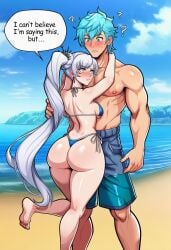 1boy 1girl ? ai_generated alternate_breast_size ass back barefoot beach bikini blue_bikini blue_eyes blue_hair blue_sky blush breasts clothing curvy day earrings english_text female grey_hair height_difference hetero hug huge_ass jewelry long_hair male male_swimwear medium_breasts muscular muscular_male neptune_vasilias ocean outdoors rwby scar scar_across_eye scar_on_face shiny_skin short_hair shorts side-tie_bikini_bottom side_ponytail sky speech_bubble standing standing_on_one_leg string_bikini swimsuit thick_thighs thighs thong thong_bikini topless_male very_long_hair water weiss_schnee white_hair wide_hips