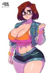 1girls 2020s 2026 2d 2d_(artwork) alvarikokearte big_breasts bracelets breasts cleidi_(alvarikokearte) clothed clothed_female clothing female female_only glasses light-skinned_female light_skin midriff oc original original_character png shorts