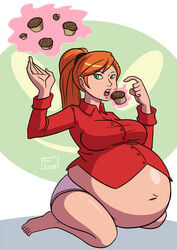 axel-rosered belly belly_expansion ben_10 ben_10_alien_force ben_10_ultimate_alien breasts button_down_shirt cartoon_network clothing cupcakes fat feet female green_eyes gwen_tennyson gwen_tennyson_(alien_force) hair_tie hair_tied hair_up huge_belly huge_breasts kneeling levitation magic magic_user navel obese open_mouth orange_hair panties partially_clothed ponytail pregnant ready_to_pop resting_breasts straining_buttons stuffed stuffing weight_gain white_panties