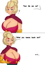 big_breasts bra_strap_is_showing_(meme) brawl_stars charlie_(brawl_stars) comic_page grabbing_own_breast mmf47 offering_to_another text