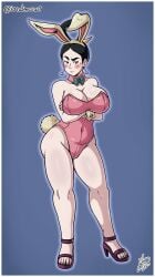 1girl 1girls 2024 arms_crossed black_hair blush bunny_ears bunny_tail bunnysuit cleavage collar dr._vega female_only full_body hair_ornament high_heels hips_wider_than_shoulders iandimas large_breasts leotard mega_man_star_force milf plump_breasts ribbon sexy sole_female standing sweatdrop thick_hips thick_thighs wrist_cuffs