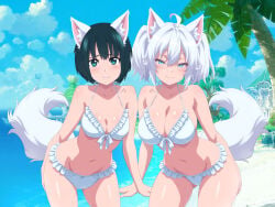 2girls ahoge bare_legs bare_shoulders beach blue_eyes blue_hair blushing botan_nagatsuki cleavage collarbone large_breasts leaning_forward medium_breasts pigtails setsuna_(redo_of_healer) short_hair smiling string_bikini sweating white_bikini wolf_ears wolf_girl wolf_tail