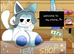 bent_over_table blue_areola blue_nipples blush blushing breasts_on_table cat_ears cat_tail condom condoms dildo_on_shelf dog_ears female female_only flirty_eyes large_areolae large_ass large_breasts leaning_forward leaning_on_hand leaning_on_table looking_at_viewer paw_on_face potion seductive shop shopkeeper side_glance temmie temmie_(undertale) undertale woflgame