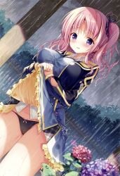 1girl absurdres black_jacket black_panties blue_skirt blush bow bow_panties breasts clothes_lift cloud cloudy_sky cowboy_shot crotch_seam day dress_shirt dripping dutch_angle fence flower frilled_skirt frills frown hair_ornament hair_scrunchie hanahanamaki highres hydrangea izumi_kaori_(twinbox) jacket large_breasts lifting_own_clothes long_hair long_sleeves looking_at_viewer melonbooks nail_polish neck_ribbon one_side_up open_clothes open_jacket original outdoors own_hands_together panties parted_bangs parted_lips pink_hair pink_nails pink_ribbon purple_eyes rain ribbon school_uniform scrunchie see-through_clothes shirt skirt skirt_lift sky solo sousouman sweater_vest thighs twinbox_school underwear upskirt wavy_mouth wet wet_clothes wet_hair white_shirt wing_collar