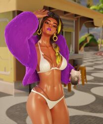 1girls 3d beach bikini blue_eyes female fortnite fur_coat paz_the_wicked purple_lipstick white_bikini
