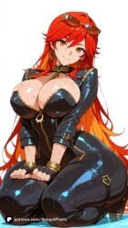 1girl ai_generated artist_name bangs black_gloves bodysuit boots bracelet breasts chain cleavage closed_mouth earrings eyewear_on_head fingerless_gloves genshin_impact gloves hair_between_eyes hoop_earrings hoyoverse jacket jewelry large_breasts long_hair looking_at_viewer mavuika_(genshin_impact) mihoyo mole mole_on_breast orange_eyes patreon red_hair seiza senpai_pixels sensitive simple_background sitting smile solo sunglasses thighs very_long_hair wet white_background zipper zipper_pull_tab