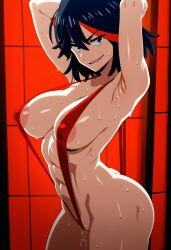 1girl abs armpits arms_behind_head arms_up asian asian_female black_hair blue_eyes cowboy_shot inviting kill_la_kill large_breasts matoi_ryuuko nipples presenting red_bikini red_streak short_hair sideboob sling_bikini slingshot_swimsuit solo studio_trigger sweaty thick_ass thick_legs thick_thighs tomboy toned_female