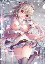 1girl :o absurdres ass_visible_through_thighs belt beret black_hat black_panties black_shoes black_skirt black_thighhighs blush braid breasts breasts_out brown_hair brown_sweater cloud cloudy_sky grey_sky hat highres lamppost large_breasts long_hair long_sleeves looking_at_viewer maeda_shiori nipples no_bra open_mouth outdoors overcast panties red_eyes ribbed_sweater scarf shoes skirt sky snow solo sousouman standing standing_on_one_leg sweater thighhighs torn_clothes torn_sweater tree twinbox_school underwear winter
