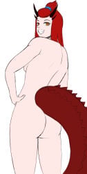 1girl 1girls ass booty breasts bum butt dragon_girl female female_only horns looking_at_viewer looking_back naked naked_female nude nude_female original poketune red_hair sideboob small_ass small_breasts small_butt smile smiling_at_viewer solo solo_female tail teeth yellow_eyes