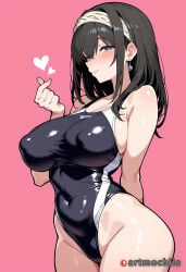 1girl _ ai_generated anime arm_behind_back artmochiia bare_shoulders big_breasts black_hair black_one-piece_swimsuit blue_eyes blush breasts cleavage closed_mouth collarbone competition_swimsuit covered_navel covered_nipples cowboy_shot curvaceous curvaceous_female curvaceous_figure curvy curvy_figure earrings fanart female female_focus finger_heart fingernails groin hair_between_eyes hairband hand_up heart highleg highleg_swimsuit idolmaster idolmaster_cinderella_girls impossible_swimsuit jewelry large_breasts lips long_fingernails long_hair looking_at_viewer one-piece_swimsuit pink_background sagisawa_fumika shiny_clothes shiny_skin sideboob simple_background smile solo standing swimsuit taut_clothes thick_thighs thighs uncensored voluptuous voluptuous_female white_hairband wide_hips