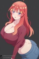 1female 1girl 1girls 2026 ahoge ai_generated artist_name ass bangs big_ass big_breasts blue_eyes blue_pants blush breasts butt_crack cleavage collarbone curvy denim go-toubun_no_hanayome hair_ornament hi_res high_quality high_resolution highres huge_ass huge_breasts jeans large_breasts long_hair long_sleeves looking_at_viewer nakano_itsuki open_mouth pants patreon patreon_username red_hair shirt simple_background solo star_(symbol) star_hair_ornament the_quintessential_quintuplets unjobdespiert watermark