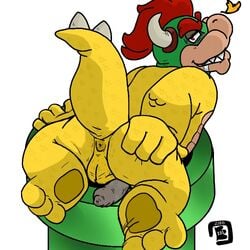 1boy 2015 3_toes 4_fingers anthro anus ass balls bowser bowserboy101 drooling erection feet gay hair half-closed_eyes hand_on_butt horn koopa looking_at_viewer looking_back lying male male_only mario_(series) nintendo nude on_front on_stomach penis presenting presenting_anus presenting_hindquarters raised_tail rear_view red_hair saliva scales scalie simple_background smile solo super_mario_bros. testicles toes video_games warp_pipe white_background yellow_scales