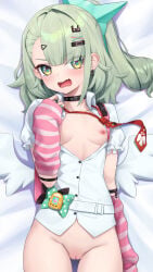 1girl absurdres arm_warmers asymmetrical_bangs bed_sheet black_collar breasts censored collar collared_shirt commentary_request cowboy_shot dakimakura_(medium) dress_shirt fang green_eyes green_hair groin hair_ornament hairclip hand_up heart heart_hair_ornament highres lo_xueming long_hair low_wings lying mosaic_censoring nipples on_back open_mouth ponytail puffy_short_sleeves puffy_sleeves pussy shirt short_sleeves small_breasts solo sunna_(zenless_zone_zero) wavy_mouth white_shirt white_wings wings x_hair_ornament zenless_zone_zero