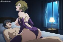 1boy 1girl ahoge ai_generated ass bare_shoulders bed bedroom black_hair blush breasts brown_hair clothed_female_nude_male clothing_aside cowgirl_position curtains detached_sleeves digitalwaifugallery drooling full_moon girl_on_top green_eyes hetero hi_res high_quality high_resolution indoors lamp large_breasts leotard lying moon nakazawa_minori night nipples no-rin nude on_back on_bed open_mouth patreon patreon_username penis pillow purple_leotard saliva seductive sex sexy short_hair straddling thighhighs uncensored vaginal watermark web_address window