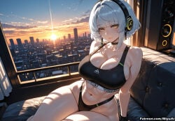 1girl ai_assisted ai_generated anby_demara bangs bare_shoulders black_bikini black_panties blush breasts choker city_lights cityscape cleavage closed_mouth collarbone curvaceous curvy curvy_female curvy_figure eyebrows_visible_through_hair female gloves headphones huge_breasts indoors large_breasts looking_at_viewer miyuai navel night panties short_hair silver_hair sitting smile solo swimsuit thick thick_ass thick_butt thick_hips thick_legs thick_thighs thighs underwear voluptuous voluptuous_female wide_hips wide_thighs yellow_eyes zenless_zone_zero