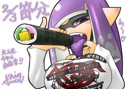 2026 artist_signature big_tongue blush breasts fang huge_breasts imminent_deepthroat inkling inkling_girl japanese_text long_sleeves looking_at_viewer purple_hair purple_text sexual_gesture shin_arialente signature splatoon splatoon_(series) splatoon_2 sushi tagme teasing teasing_viewer tentacle_hair tongue_out topwear viewed_from_below watermark white_background