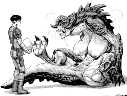 1boy 1girls areolae big_breasts claws deathclaw double_deck fallout fangs female female_deathclaw giantess horns huge_breasts humanoid inverted_nipples larger_female male monochrome monster_girl nude nude_female pussy scales scalie size_difference smaller_male tagme tail thick_thighs vault_dweller vault_suit