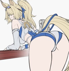 1girl animal_ears ass ass_focus bare_shoulders bent_over blonde_hair breasts commentary detached_sleeves from_behind goggles goggles_on_head green_eyes hair_intakes hair_over_one_eye highres horse_ears horse_girl horse_tail large_breasts light_smile long_hair long_sleeves looking_at_viewer official_alternate_costume one-piece_swimsuit ozkh ponytail sigrid_de_l'azur simple_background solo swim_goggles swimsuit tail white_background zenless_zone_zero