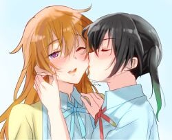 2girls black_hair blush brown_hair closed_eyes female female_only gradient_hair green_ribbons hareta kissing kissing_cheek konoe_kanata long_hair love_live! love_live!_nijigasaki_high_school_idol_club multicolored_hair multiple_girls one_eye_closed purple_eyes red_ribbon ribbon school_uniform sensitive_ears takasaki_yuu touching_ears uncommon_stimulation yuri