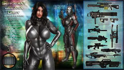 16:9 1girls 3d 4k abs artist_name assault_rifle bare_shoulders becarra big_breasts black_hair bodysuit british_english_text busty cleavage curvy detailed_background english_text eyelashes female female_only front_view gray_eyes gun hair_over_one_eye hand_on_hip hands_on_hip hands_on_hips helmet holding_object hourglass_figure humanoid jelana_grey long_hair looking_at_viewer muscle muscular muscular_female pointy_ears pose posing shiny shiny_skin smiling sniper_rifle solo standing text voluptuous wide_hips