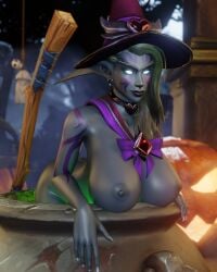 3d cauldron collar elf elf_ears female glowing_eyes halloween justicaralb night_elf pointed_ears pumpkin witch witch_hat world_of_warcraft