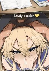 1boy ahegao ai_generated blonde_hair blue_eyes bustybunz commentary_request cum cum_on_face cum_on_tongue deepthroat fellatio femboy heart male_pubic_hair oral school_uniform shimakaze-kun sweat tagme text trap