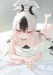 1girl 1girls absurd_res ass barefoot black_choker blue_archive breasts choker demon_girl demon_horns halo highres horns kayoko_(blue_archive) long_hair looking_at_viewer lying on_stomach panties red_eyes sikimosh small_breasts solo solo_female solo_focus underwear white_hair