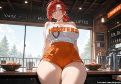 1girl ai_assisted ai_generated bangs bare_shoulders blue_eyes blush boudica_(fate) boudica_(fate/grand_order) breasts cleavage clothes_writing curvaceous curvy curvy_female curvy_figure employee_uniform fate/grand_order fate_(series) female food grin hooters hooters_uniform indoors large_breasts looking_at_viewer miyuai mug name_tag no_legwear orange_shorts ponytail red_hair restaurant shirt short_ponytail short_shorts shorts smile solo thick thick_ass thick_butt thick_hips thick_legs thick_thighs thighs tray voluptuous voluptuous_female waitress wide_hips wide_thighs