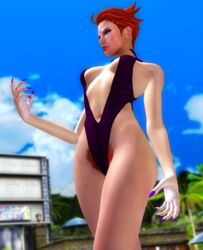 3d blue_eyes blue_nails breasts clothed clouds female female_only female_pubic_hair frown highres human jenbitch medium_breasts moira nail_polish navel one-piece_swimsuit outdoors overwatch pubic_hair_peek purple_swimsuit red_hair sharp_fingernails short_hair small_breasts solo standing swimsuit xnalara