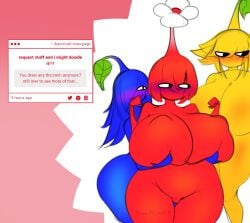 big_ass big_breasts blue_body blue_pikmin blushing drawncraft grabbing_from_behind nipples pikmin pikmin_(species) red_body red_pikmin tagme yellow_body yellow_pikmin