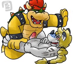 3_toes 4_fingers ahe_gao anal anthro bara blonde_hair blue_eyes bowser bowserboy101 claws collar dragon drooling hair humanoid_penis implied_anal koopa looking_pleasured lying male mario_(series) missionary_position nintendo on_back open_mouth penis red_hair retracted_foreskin saliva scales scalie sex shell simple_background spiked_armlet spiked_collar spikes tattoo toes uncut video_games white_background white_scales yaoi yellow_scales