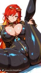 1girl ai_generated artist_name bangs black_gloves bodysuit bra breasts cleavage closed_mouth earrings eyewear_on_head fingerless_gloves genshin_impact gloves hoyoverse jewelry large_breasts long_hair looking_at_viewer mavuika_(genshin_impact) mihoyo mole_on_breast multicolored_hair orange_eyes patreon questionable red_bra red_hair senpai_pixels simple_background smile solo spread_legs sunglasses sweat thighs wet white_background zipper zipper_pull_tab