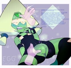 armband black_clothing blushing confused crossed_eyes disembodied_hand drooling eggshoppe experiment featureless_crotch flat_chest glasses gloves green_body green_hair green_shoes green_skin headpat hearts_around_body instructions lying_on_back overalls peridot_(steven_universe) question_mark simple_background socks steamy stimulation sweat tagme tied_hair visor