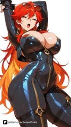 1girl ai_generated arms_behind_head arms_up artist_name bangs black_bodysuit bodysuit breasts cleavage covered_nipples earrings eyewear_on_head genshin_impact gloves hair_between_eyes hoop_earrings hoyoverse jacket jewelry large_breasts long_hair long_sleeves looking_at_viewer mavuika_(genshin_impact) mihoyo open_mouth orange_eyes patreon questionable red_hair senpai_pixels sensitive simple_background solo sunglasses sweat thighs very_long_hair wet white_background zipper zipper_pull_tab