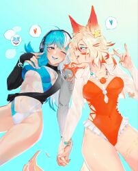 2girls female fox_ears fox_tail holding holding_hands long_hair luna_snow luna_snow_(cool_summer) luna_snow_(marvel_rivals) marvel marvel_rivals multicolored_eyes multicolored_hair orange_swimsuit swimsuit tail white_fox_(marvel) white_fox_(marvel_rivals) white_hair white_swimsuit yuri
